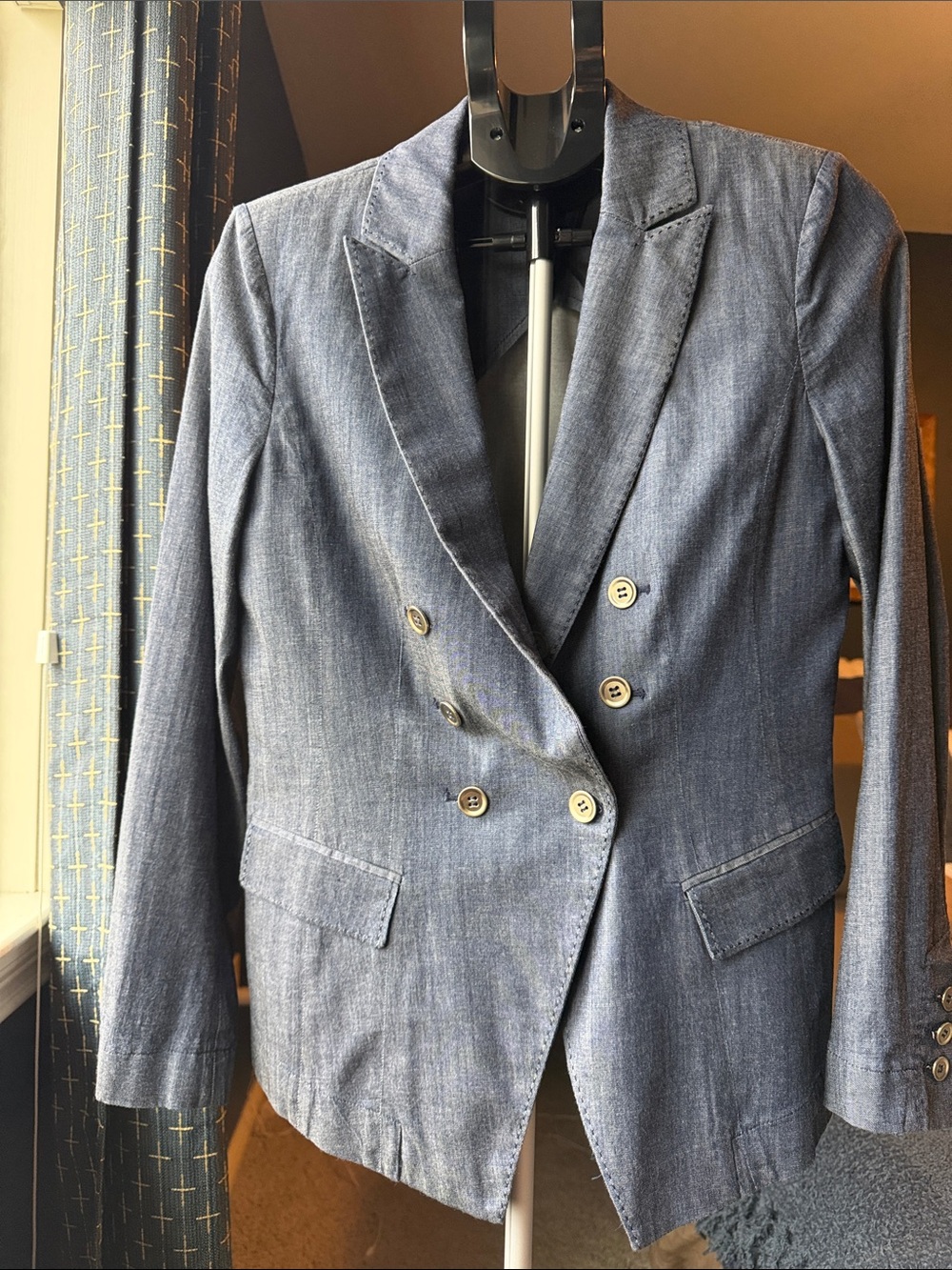 White House Black Market Blue Denim Double-Breasted Blazer